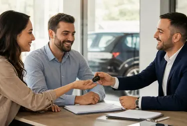Profissional ajudando cliente na transferência de veículo.