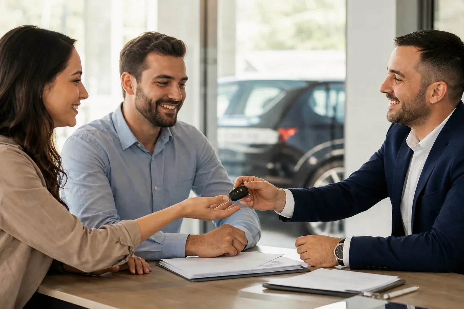 Profissional ajudando cliente na transferência de veículo.