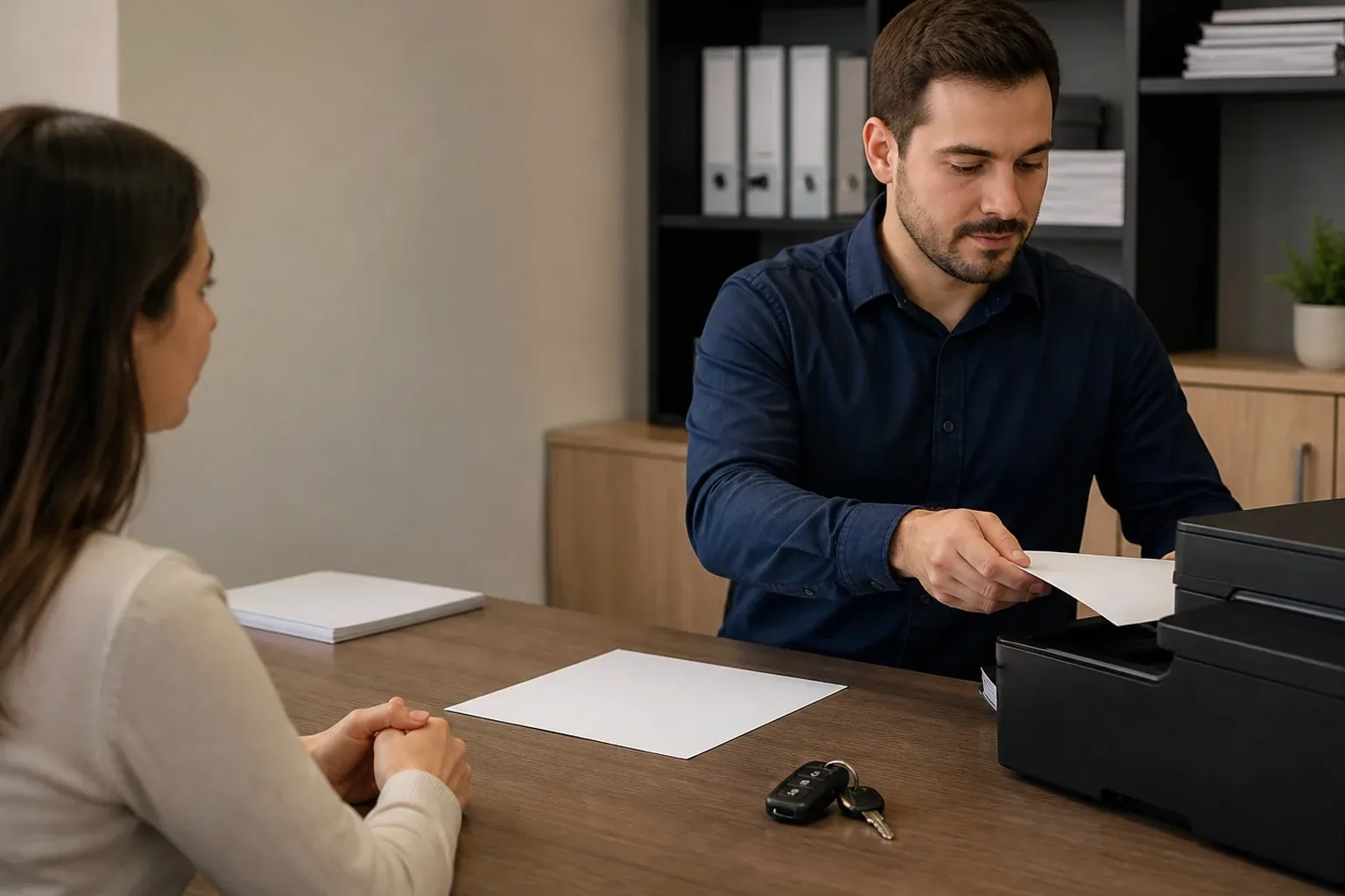 Profissional auxiliando cliente na solicitação da segunda via do CRV.