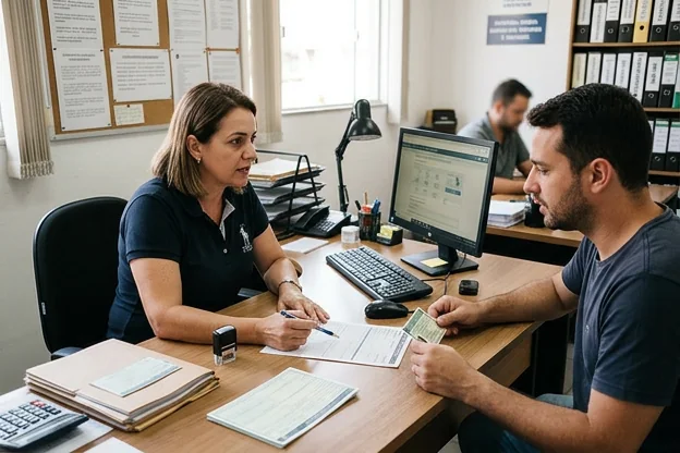 Profissional explicando o processo de transferência de veículo.