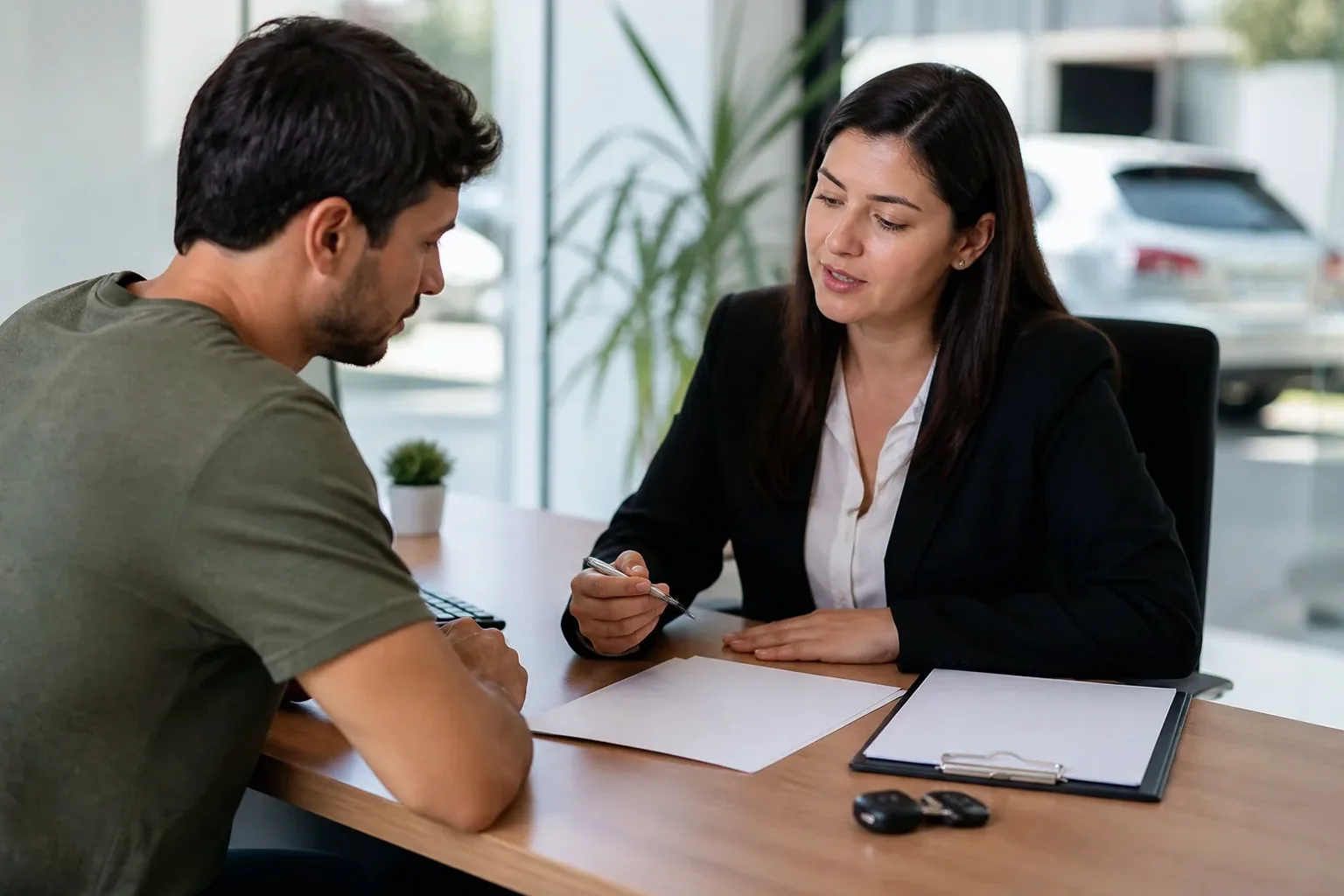 Profissional orientando cliente sobre recurso de multa.