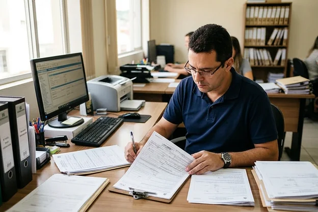 Profissional revisando documentos de licenciamento para veículos.